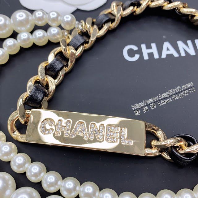 Chanel女士皮帶 香奈兒鏈條字母黑皮腰鏈鏈條拼接搭施華洛水晶腰帶  jjp2140